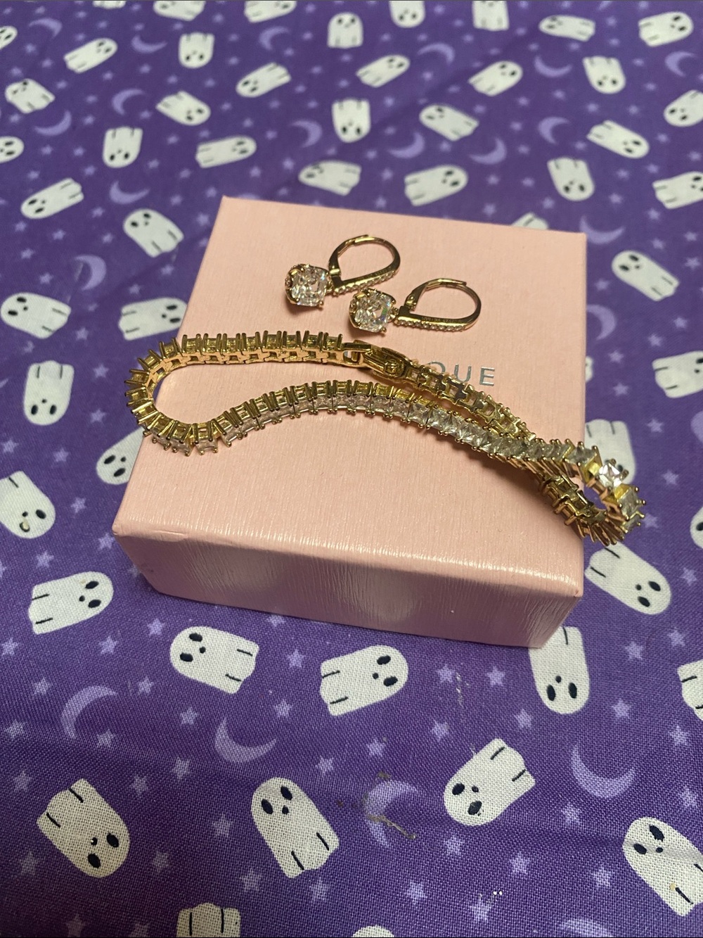 Diamonique Gold-Tone Tennis Bracelet with Clear Stone Drop Earrings